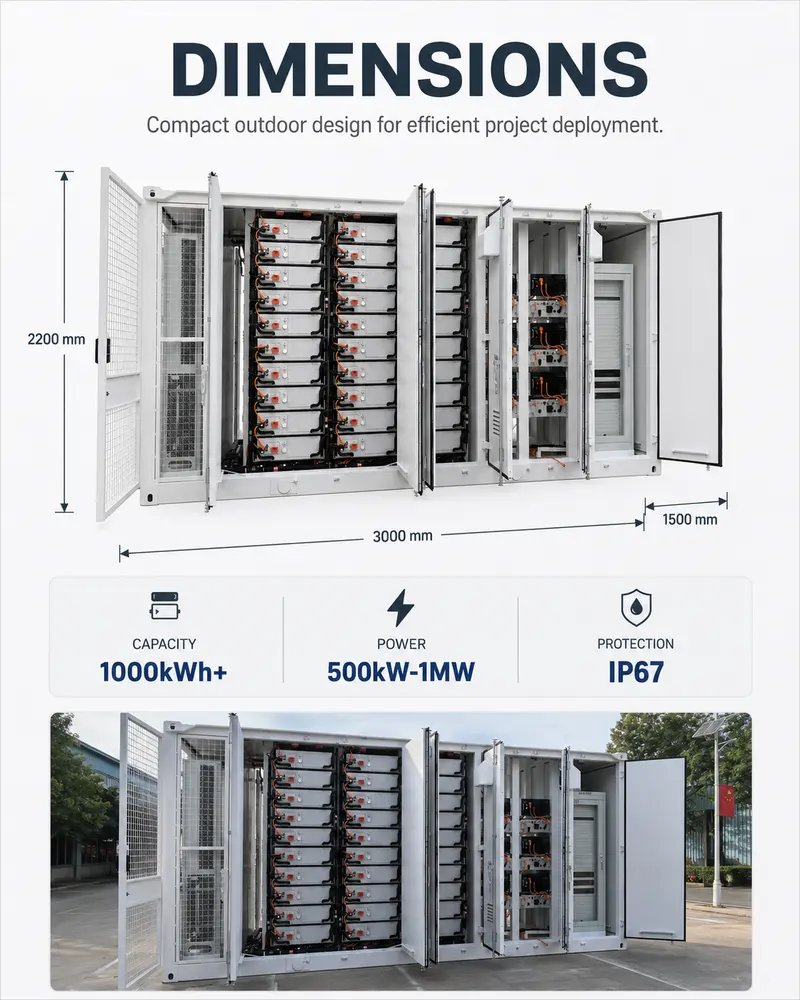 PV Power Storage Containerized BESS (1000kWh, 500kW–1MW, Liquid-Cooled, IP67) — dimensions and layout