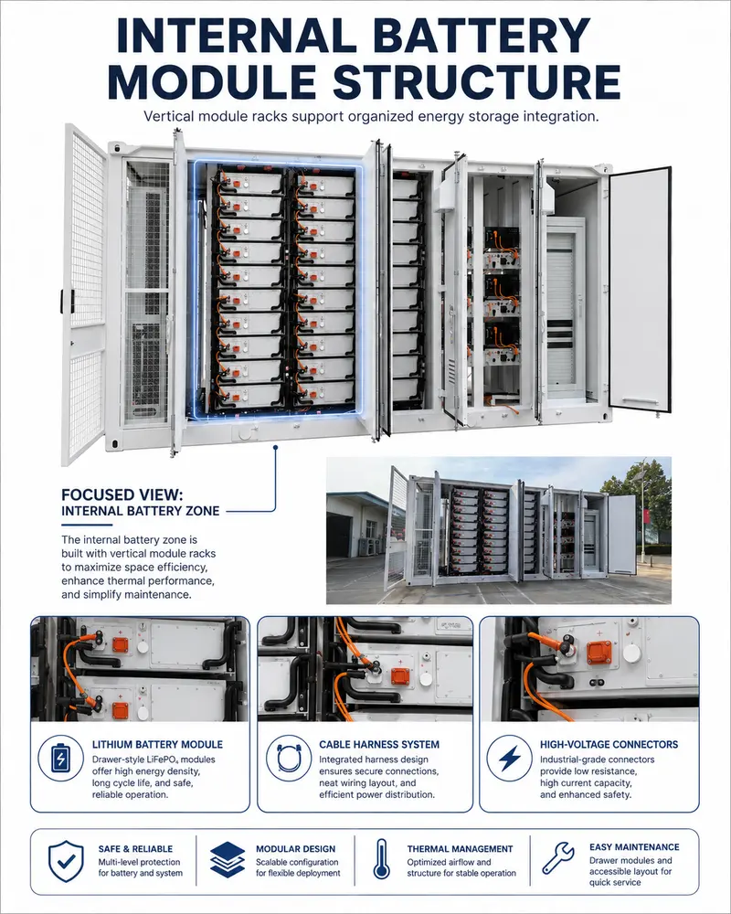 PV Power Storage Containerized BESS (1000kWh, 500kW–1MW, Liquid-Cooled, IP67) — internal structure