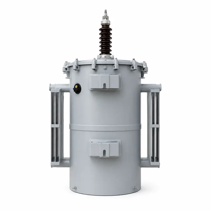 Single-Phase 25–100 kVA Pole-Mounted Transformer (11.4 kV / 120–240 V) — product photo on white background