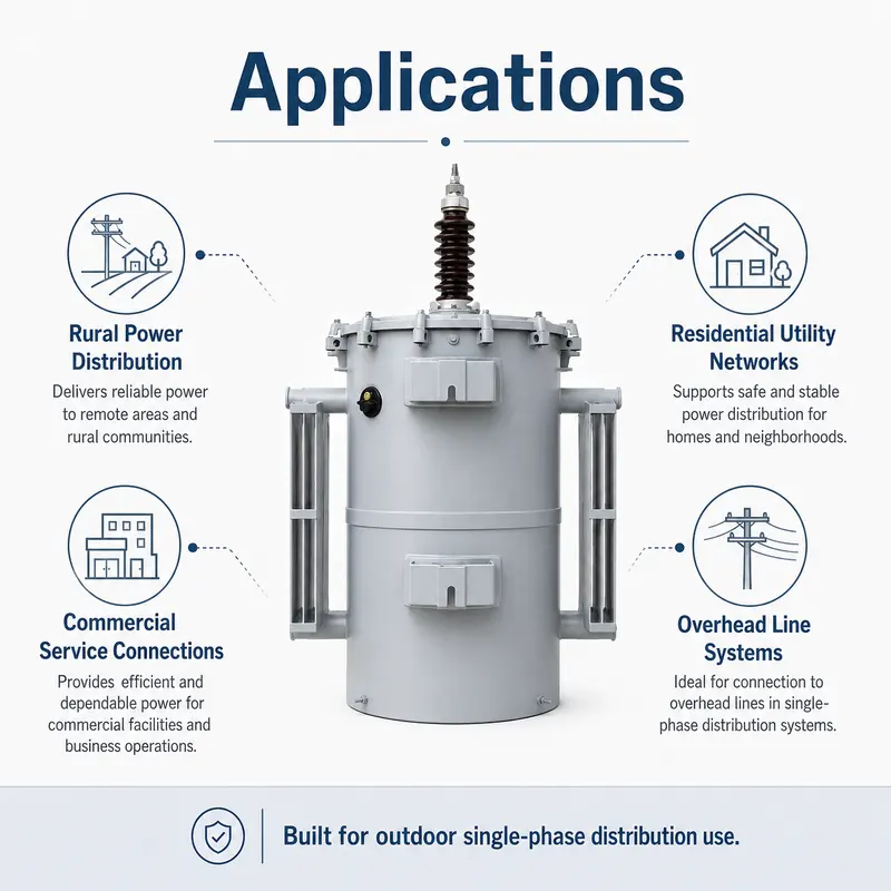 Single-Phase 25–100 kVA Pole-Mounted Transformer (11.4 kV / 120–240 V) — workmanship detail