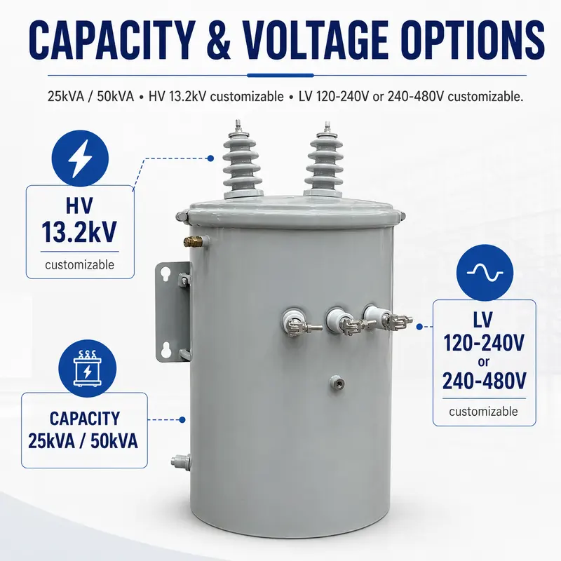 Single-Phase 25kVA & 50kVA Pole-Mounted Distribution Transformer — specification highlights