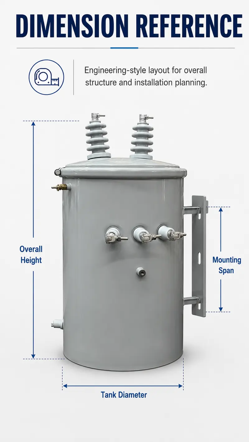 Single-Phase 25kVA & 50kVA Pole-Mounted Distribution Transformer — dimensions and layout