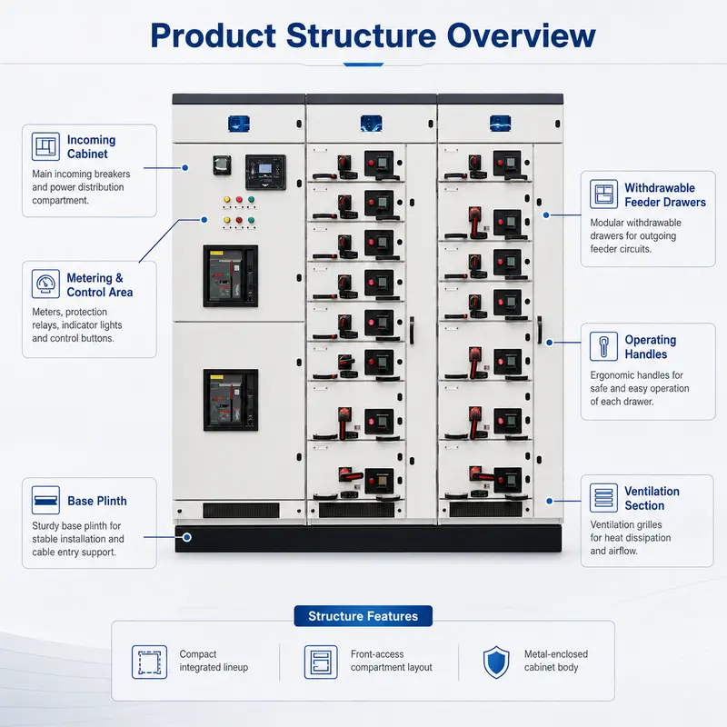 Smart MCC Main Power Distribution Switchgear (GCS Withdrawable, IP65, Energy Saving) — dimensions and layout