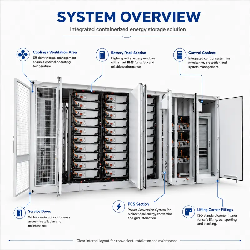 Solar Battery Containerized ESS, 1000kWh, On/Off-Grid (Liquid-Cooled, IP67) — dimensions and layout