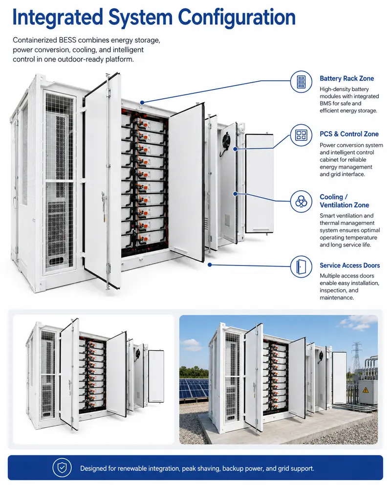 Solar Energy Storage Battery System, 500kW–1000kW / 1MWh–8MWh (Liquid-Cooled, IP67) — dimensions and layout