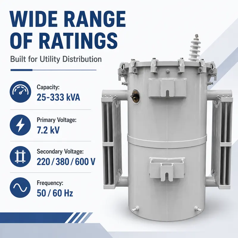 UL-Certified Single-Phase Pole-Mounted Transformer 25–333 kVA (7.2 kV) — specification and nameplate detail