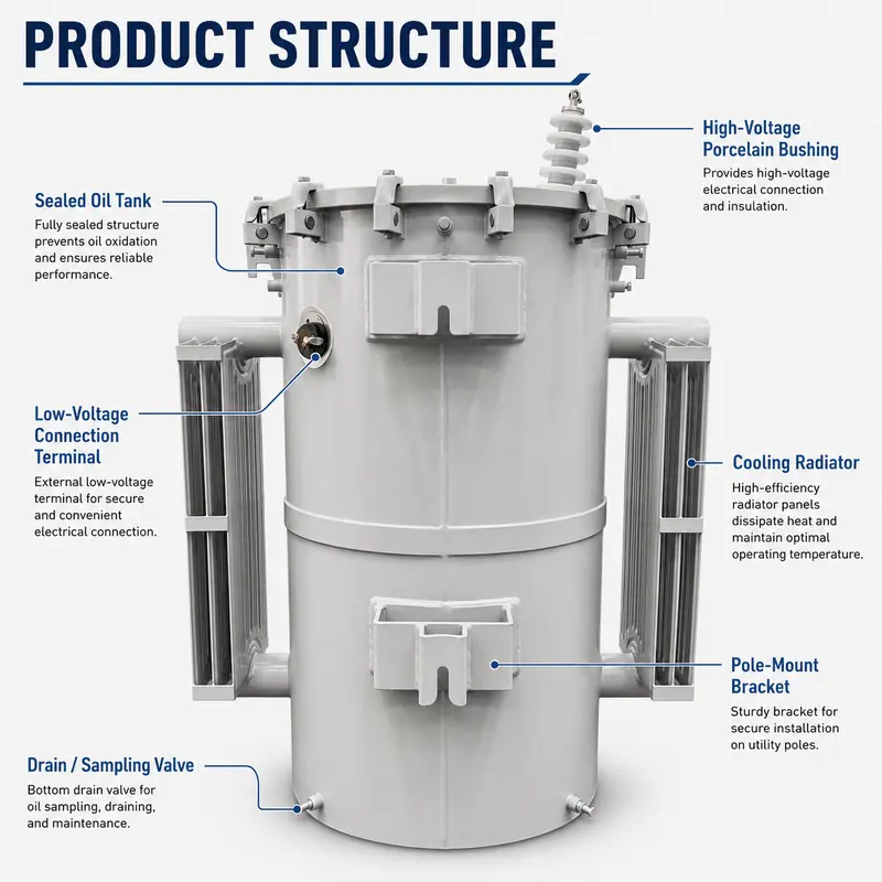 UL-Certified Single-Phase Pole-Mounted Transformer 25–333 kVA (7.2 kV) — dimensions and layout