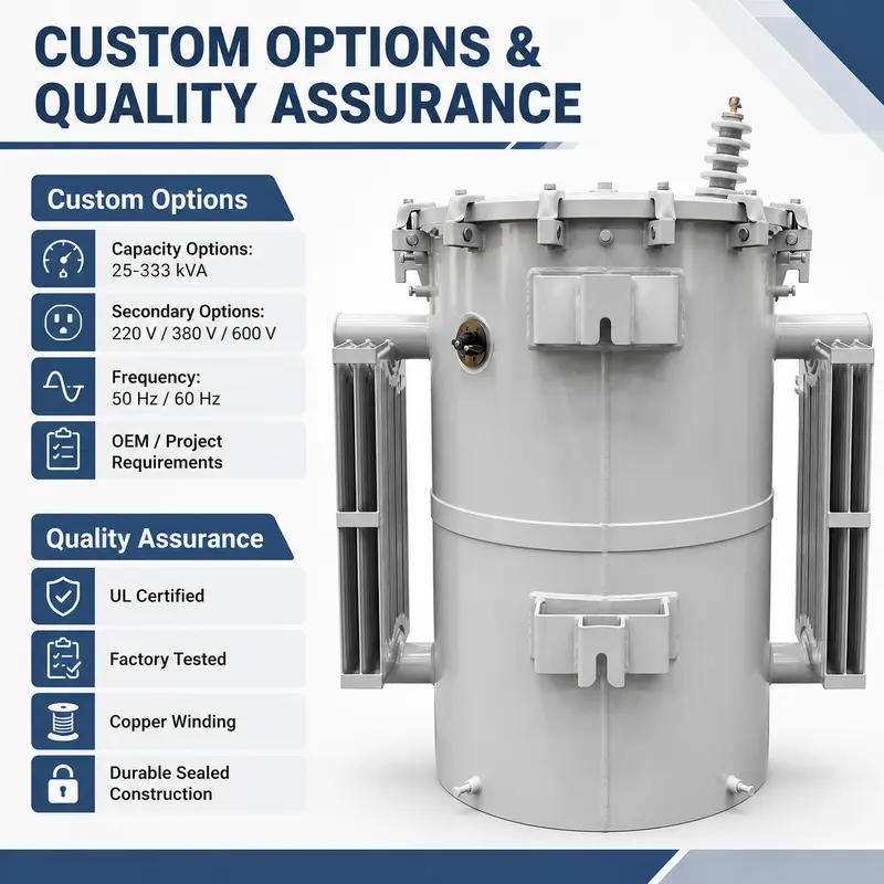 UL-Certified Single-Phase Pole-Mounted Transformer 25–333 kVA (7.2 kV) — customisation options