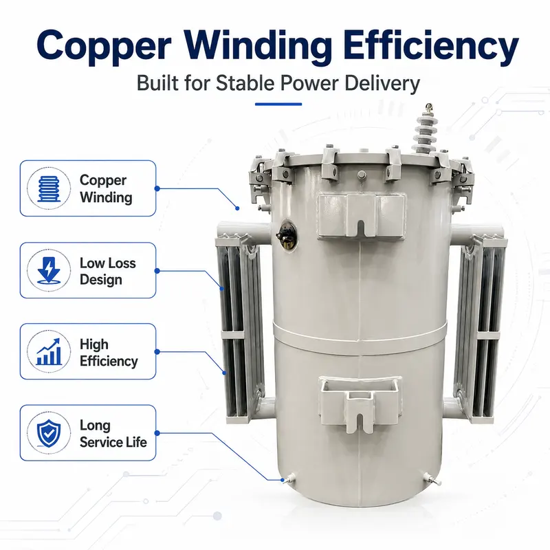 UL-Certified Single-Phase Pole-Mounted Transformer 25 / 50 / 75 kVA (13.8 kV) — specification and nameplate detail