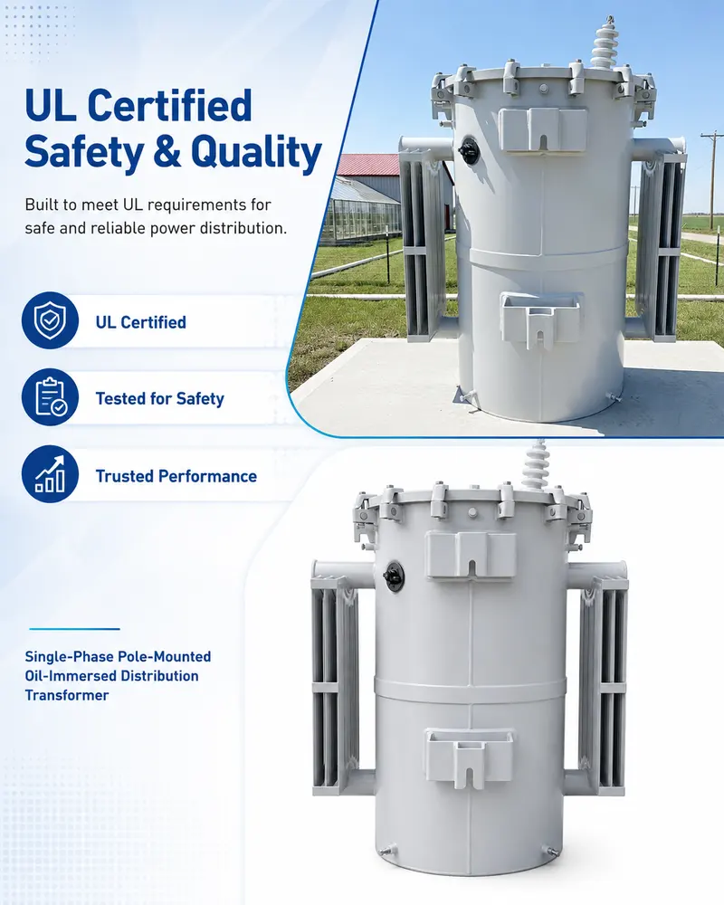 UL Single-Phase Pole-Mounted Transformer 25 / 75 / 167 kVA (13.2 kV) — specification and nameplate detail