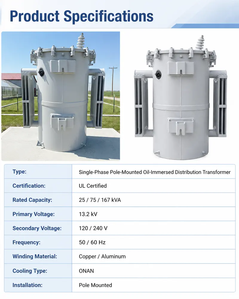 UL Single-Phase Pole-Mounted Transformer 25 / 75 / 167 kVA (13.2 kV) — dimensions and layout