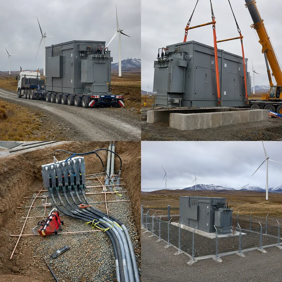 Contact sheet showing four stages of a prefabricated substation installation: transport, foundation placement, cable and earthing work, completed installation
