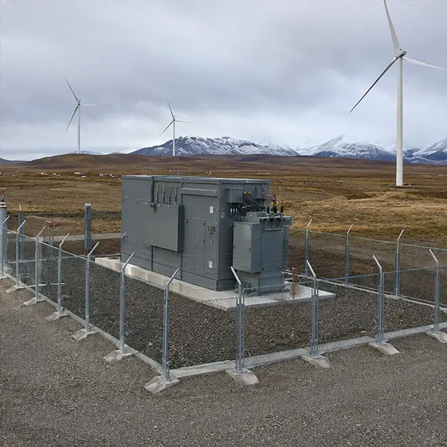Completed and fenced prefabricated substation on a wind farm site with turbines in the background