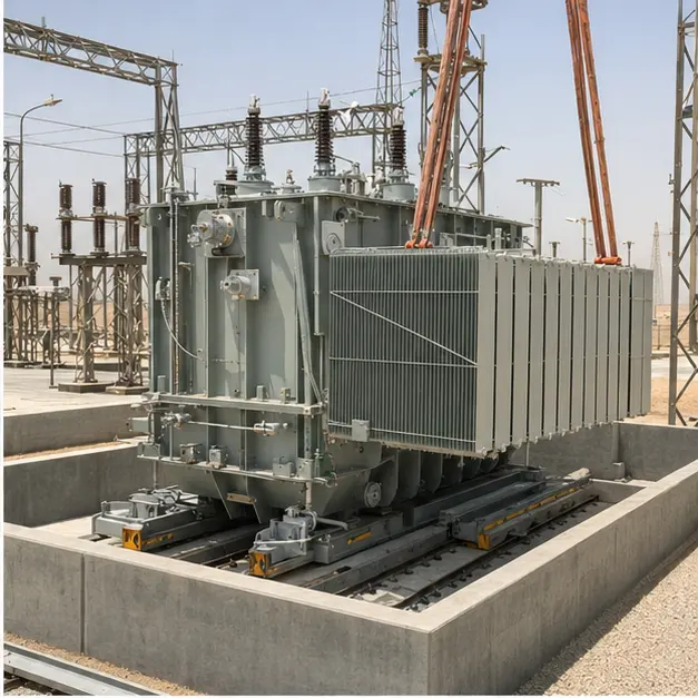 Crane placing an oil-immersed transformer tank on its plinth while radiator banks are assembled alongside
