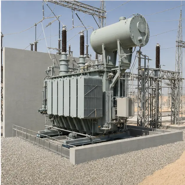 Completed transformer bay showing an oil-immersed grid transformer over a bunded containment area with fencing and connections in place