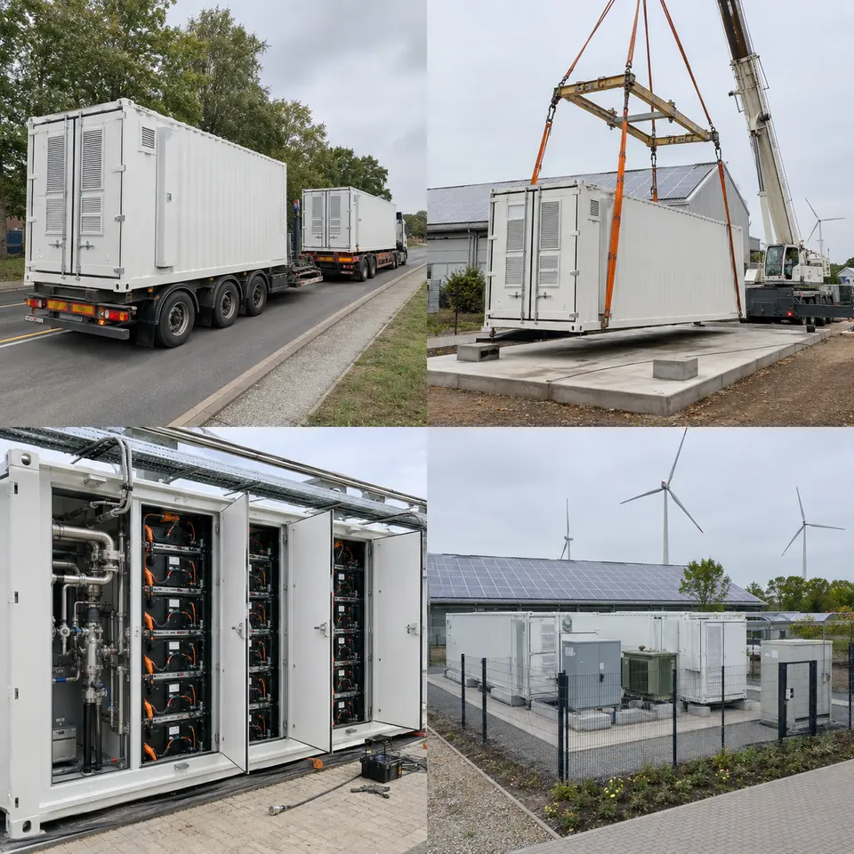 Contact sheet showing four stages of a battery storage installation: container delivery, crane placement, battery racks and cooling, completed site