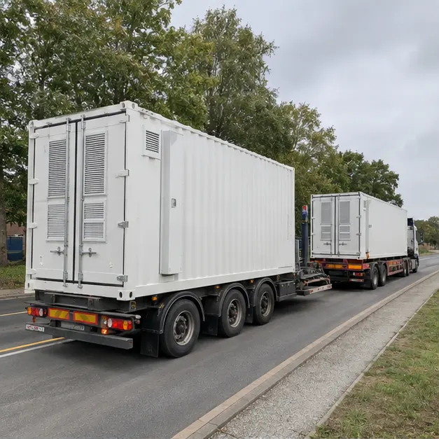 Battery energy storage container on a heavy transport trailer arriving at an industrial site