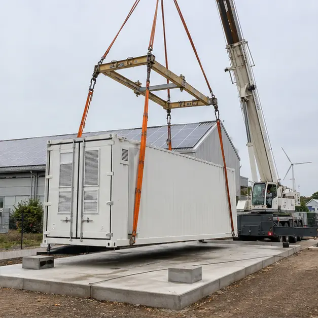 Crane lifting a battery energy storage container onto a concrete foundation