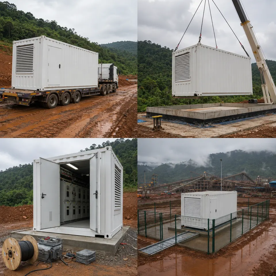 Contact sheet showing four stages of a containerized substation installation: delivery, crane placement, switchgear and cable work, completed installation