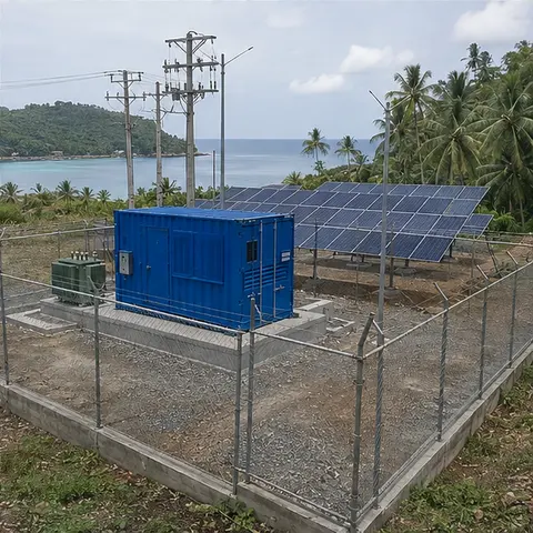 Completed and fenced containerized microgrid substation on a raised pad with solar arrays and distribution lines