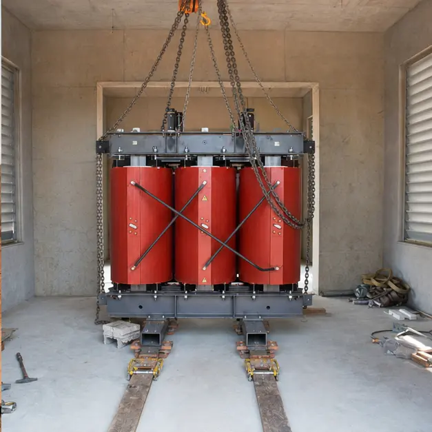 Dry-type transformer being moved into a plant room on skates with lifting equipment in attendance