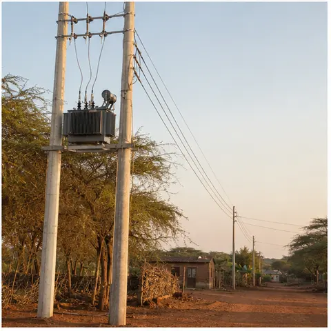 Completed rural overhead distribution line with a pole-mounted transformer serving dispersed loads